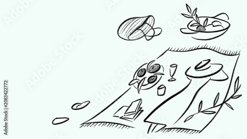 Konstfotografi Hand-drawn Sketch of a Whimsical Picnic Setup with Food, Drink, and Book on a Bl