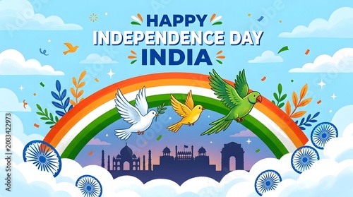 Happy independence day india illustration with birds and national symbols