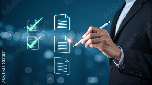 Professional business person in a dark suit interacting with digital document checklist interface in a modern corporate office environment
