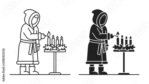 Photos Monk Lighting Advent Candles: A monk in a hooded robe lights candles on an advent wreath, symbolizing hope and anticipation during the Advent season