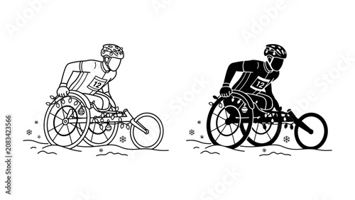 Fotografie Wheelchair Racer Duo: A dynamic illustration showcasing a wheelchair athlete in motion, presented in both outline and silhouette form, emphasizing the speed and determination of adaptive sports
