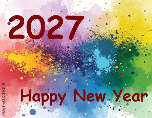 A colorful abstract background features the text 