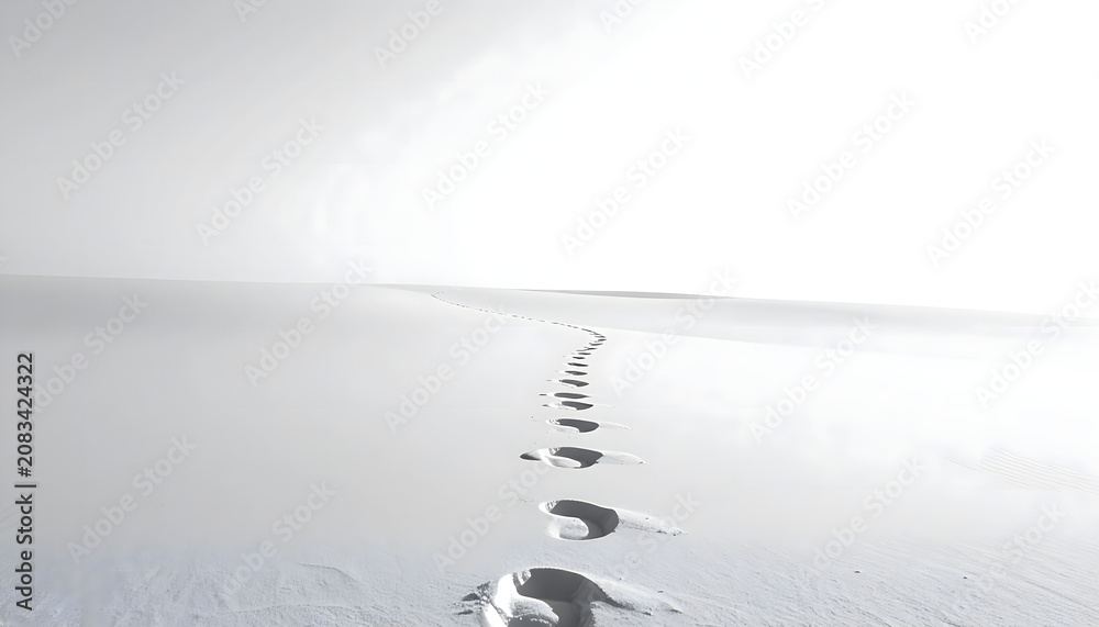 Obraz premium A serene winter landscape with a winding path of footprints leads through the snow.
