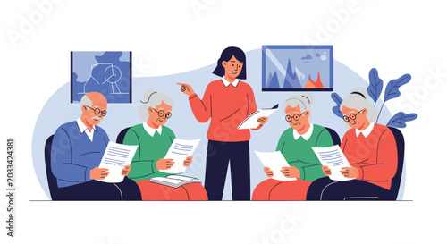 Female instructor teaching senior citizens reading sheets of paper in a classroom to keep their minds active.