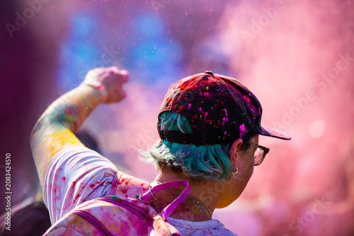 Montreal, Canada - June 28 2026: Holi celebration in downtown Montreal bursts with vibrant color, music, and joyful crowds transforming the urban space into a festive cultural gathering