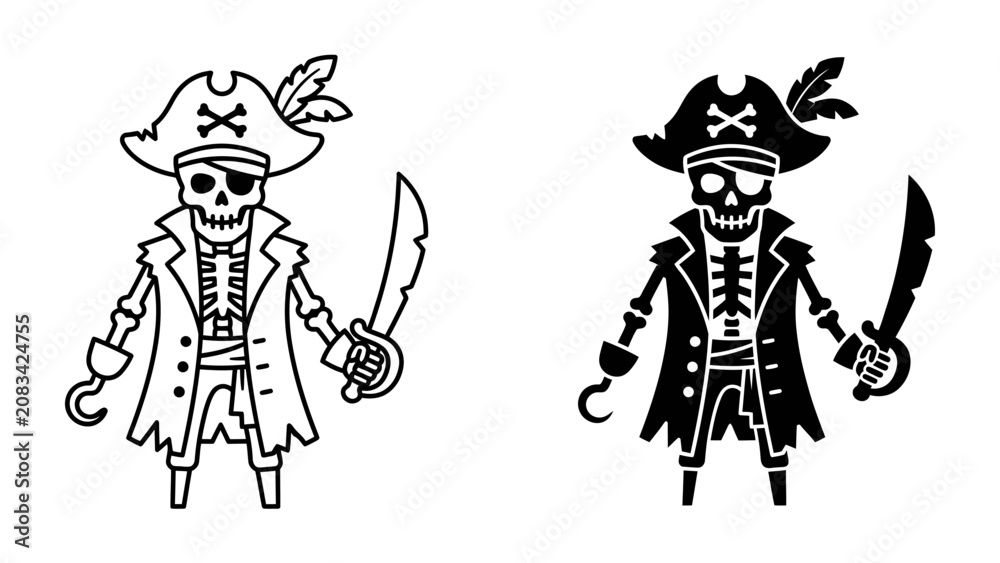 Fototapeta premium Pirate Skeleton Icons: Two graphic icons depicting a pirate skeleton, one in outline and the other in silhouette, complete with a captain's hat, cutlass, and hook hand.