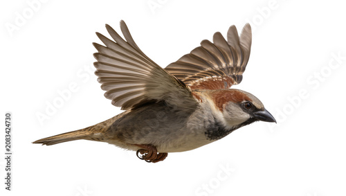 Photos House sparrow bird with wings spread flying