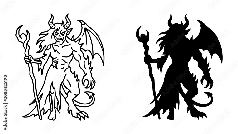 Fototapeta premium Gargoyle Iconography: A mystical gargoyle, depicted in both line art and silhouette, stands defiantly with wings spread and a staff in hand, embodying dark fantasy and gothic allure.