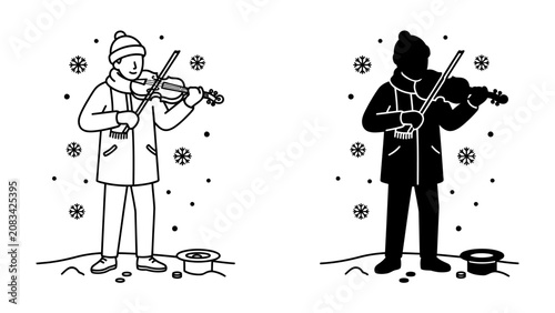 Bild auf Leinwand Street Violinist in Snow: A lone musician plays a violin in a snowy landscape, with snowflakes falling gently around them and a hat on the ground for donations