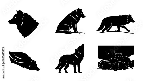 Canvastavla Wolf Silhouette Vector Icons Set, Wild Canine Animal Graphics, Howling Predator