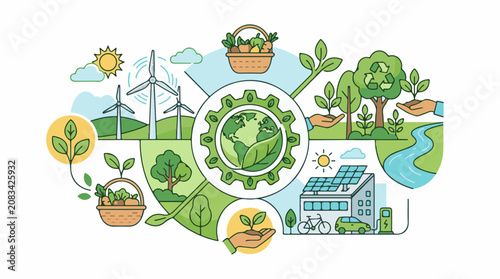 Diverse eco-friendly elements illustrating sustainable living and renewable energy
