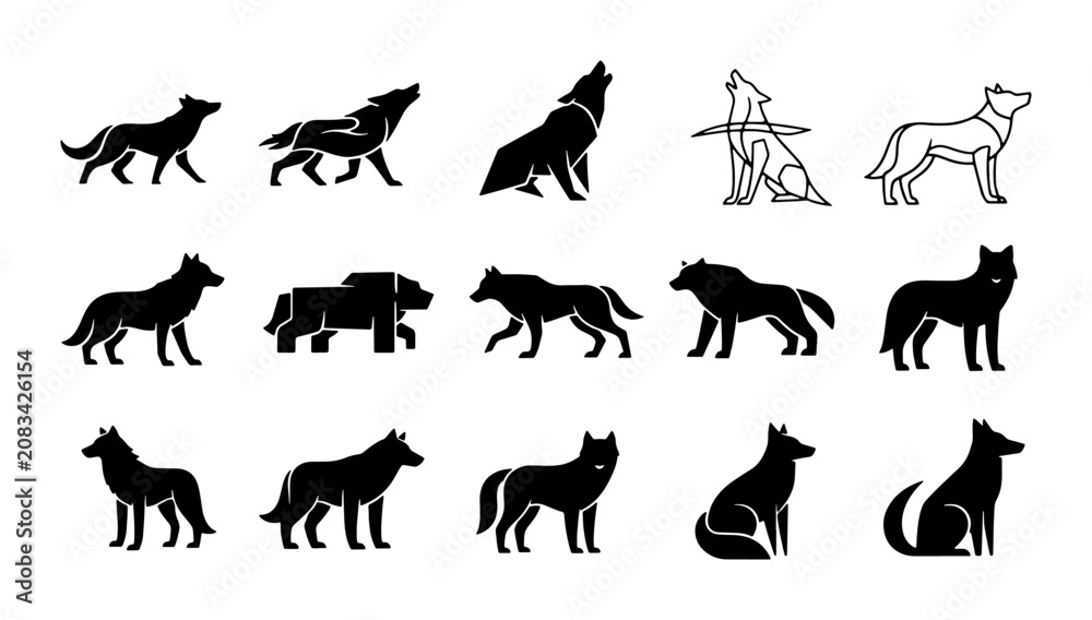 Obraz premium Wolf Silhouette Collection, Canine Animal Icons, Wild Predator Vector Graphics, Hunting Dog Poses, Nature Wildlife Set