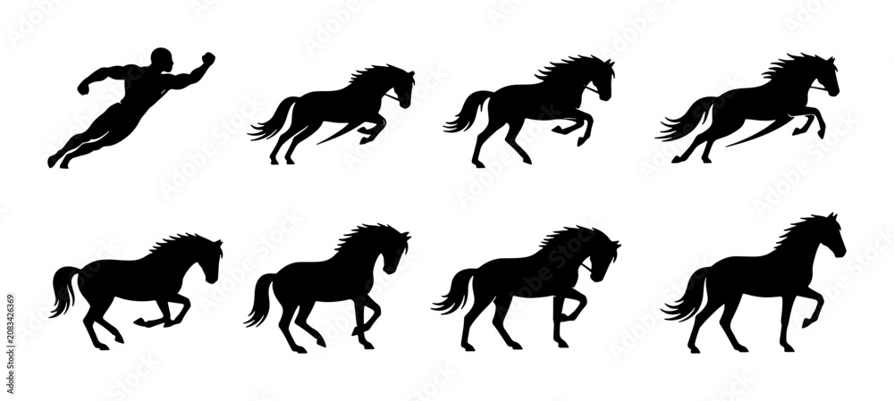 Obraz premium Horse Silhouette Animation Sequence, Galloping and Running Horse Poses, Dynamic Movement and Action Vector Graphics