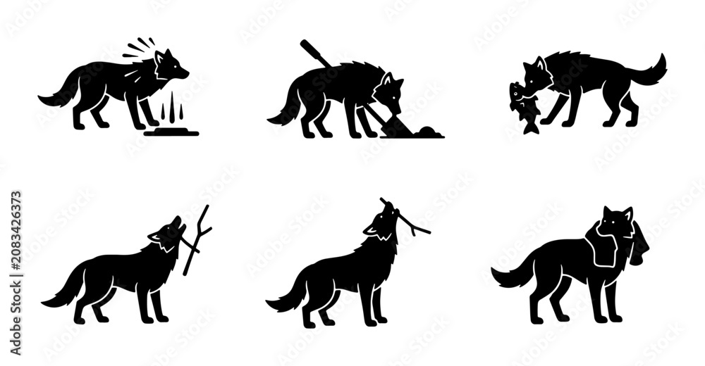 Fototapeta premium Wolf Silhouette Icon Set, Wild Animal Vector Graphics, Nature Wildlife Symbols, Hunting and Howling Wolf Illustrations, Black and White Design Elements
