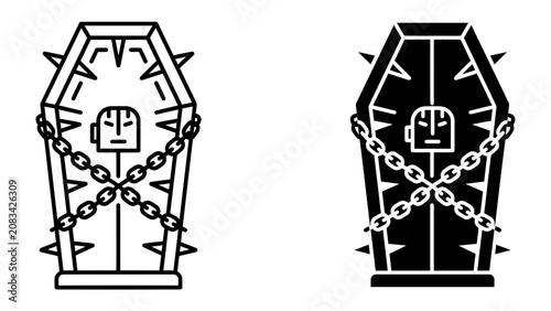 Slika na platnu Coffin of Torment Icon: A stark graphic representation of a coffin encrusted with spikes and bound by heavy chains, with a stylized human face visible within, symbolizing confinement, dread