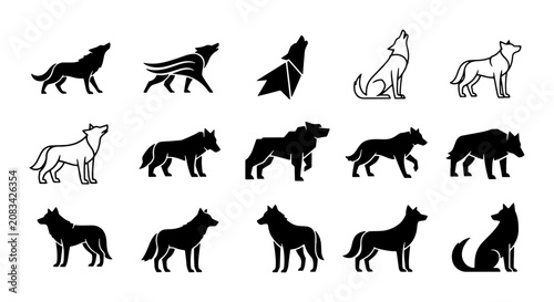Canvastavla Wolf Silhouette Icon Set, Wild Animal Vector Graphics, Howling Canine Collection