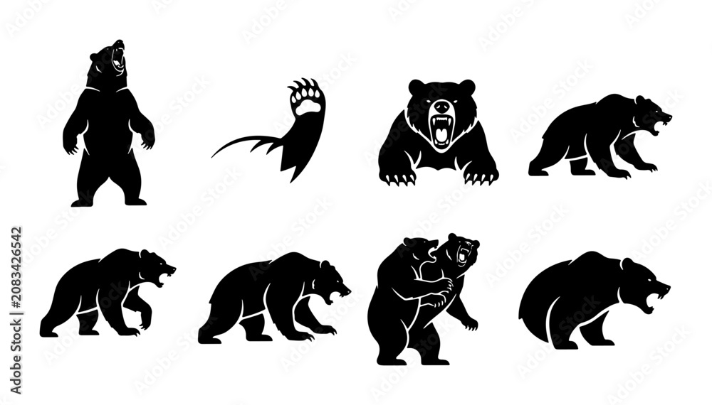 Fototapeta premium Bear Silhouette Vector Icons, Wildlife Animal Graphics, Grizzly and Brown Bear Poses, Nature and Forest Creature Illustrations