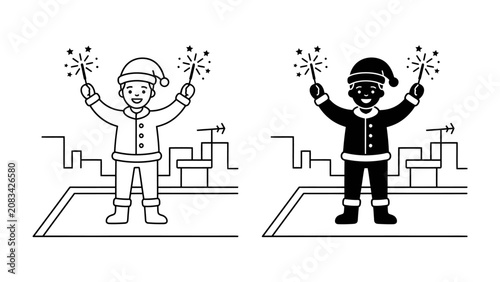 Photos Celebration with Sparklers: A joyous child dressed as Santa Claus holds two sparklers aloft, celebrating the festive season with a bright, dazzling display of lights