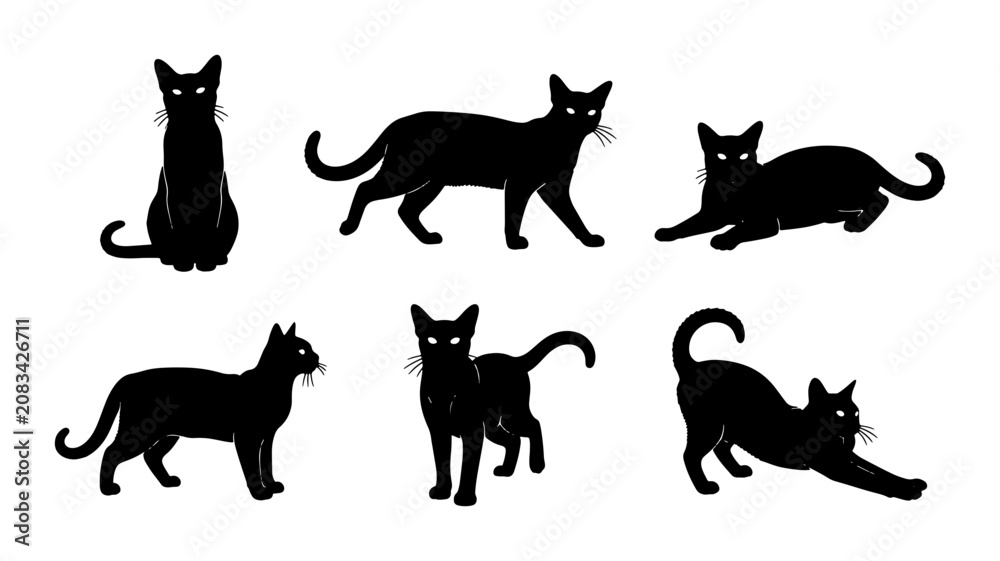 Fototapeta premium Black Cat Silhouettes Vector Set: Feline Poses, Domestic Animals, Cute Pet Illustrations for Graphic Design and Animal Lovers