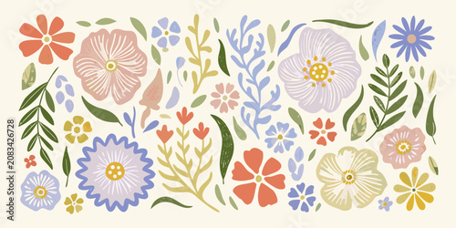 Fotografie Botanical Illustration Featuring Assorted Wildflowers And Foliage