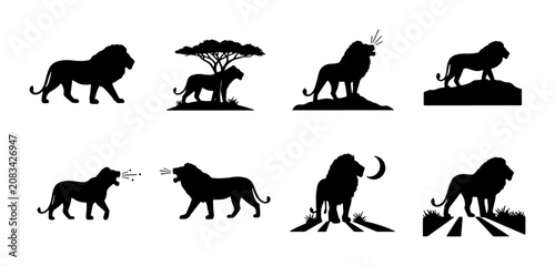 Photography Lion Silhouette Collection, Majestic African Wildlife Vector Icons, Safari Anima