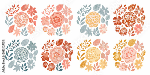 Schilderij op canvas Muted Floral Bouquet Set Collection Vector Illustration On White Background