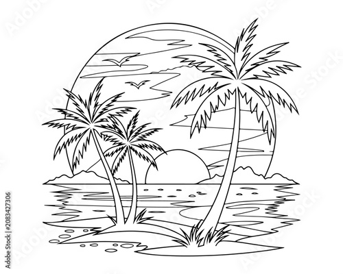 Tropical Beach Sunset Line Art Vector Illustration