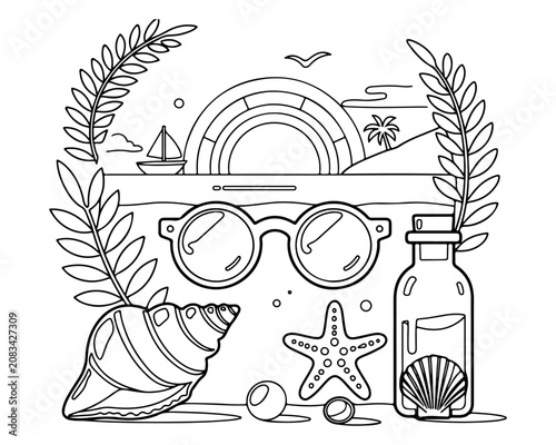 Summer Beach Vacation Outline Illustration for Coloring Page