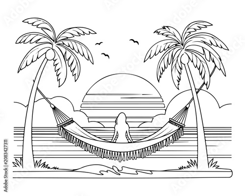 Woman in Hammock Beach Sunset Line Art Illustration
