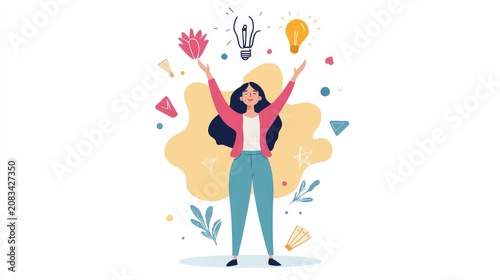 Woman celebrating with bright ideas and creative elements floating around her.