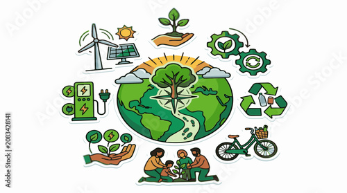 Diverse eco-friendly actions shown around a globe