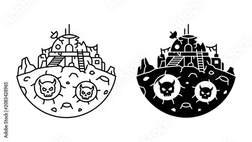 Fotografie Alien Outpost on a Moon: A whimsical, stylized illustration depicts an extraterrestrial outpost nestled on the surface of a moon, complete with rocky terrain, alien structures