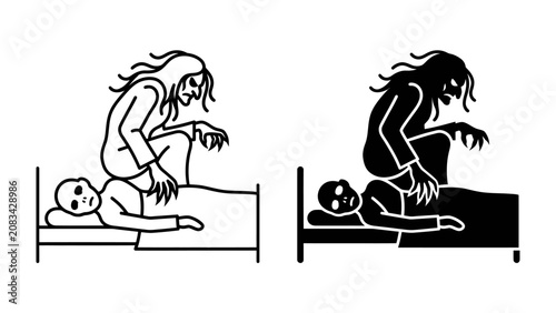 Konstfotografi Nightmare Entity on a Sleeping Person: Two stylized illustrations depict a sinister, monstrous figure perched atop a person lying in bed, representing a terrifying nightmare or sleep paralysis