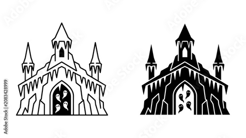 Tableau sur toile Gothic Ice Castle Icon: Two stylized illustrations of a gothic castle covered in ice, one in outline and one in black silhouette