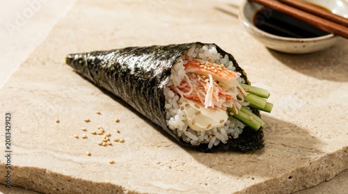 Crab meat hand roll sushi temaki on stone plate with handroll, japanese