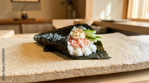 Fresh tuna hand roll temaki sushi on stone platter with handroll, japanese