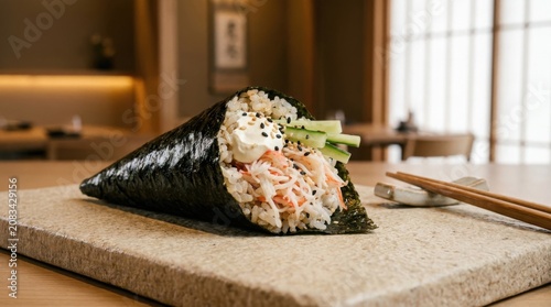 Spicy salmon hand roll sushi temaki on stone slab with handroll, japanese