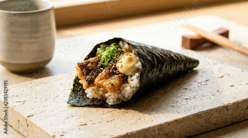 Fresh temaki sushi hand roll with salmon and toppings on stone plate, handroll