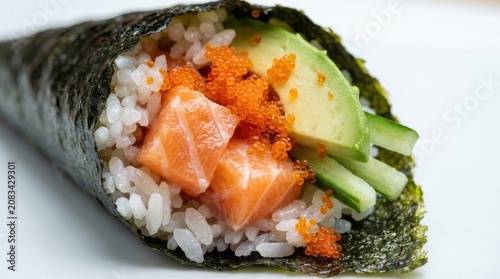 Fresh spicy tuna hand roll with nori, rice and toppings in a traditional Japanese restaurant