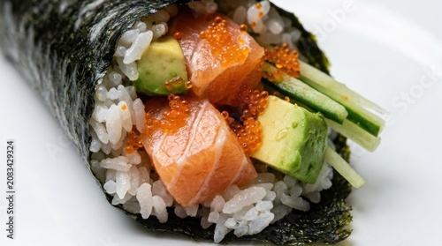 Close-up of a salmon and avocado temaki hand roll with orange tobiko, cucumber