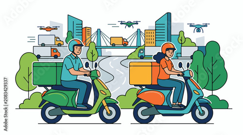 Diverse delivery workers on scooters and drones in a futuristic cityscape