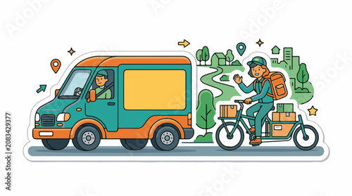 Diverse delivery team transports packages via van and cargo bike