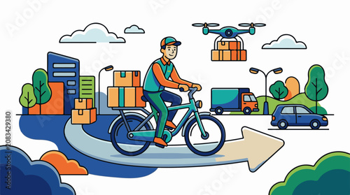 Diverse delivery methods bicycle truck car and drone