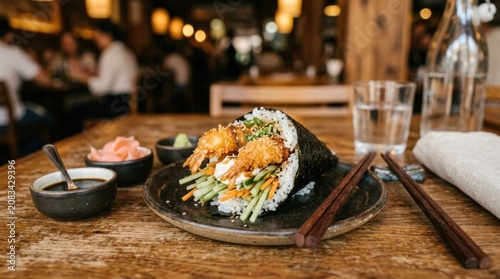 Shrimp tempura temaki sushi hand roll served on a ceramic plate with handroll
