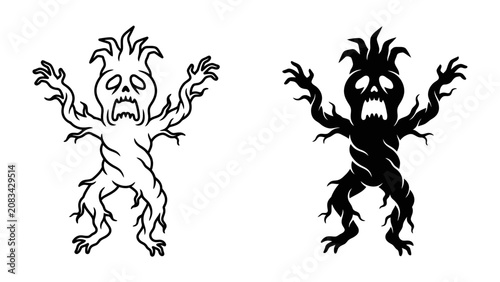 Tableau sur toile Scary Tree Monster Duo: Two monstrous figures, one outlined and one silhouetted, depict a spooky, animated tree with gnarled branches, creepy eyes, and a twisted form