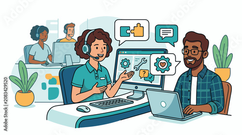 Diverse customer support team collaborates on technical solutions at computers