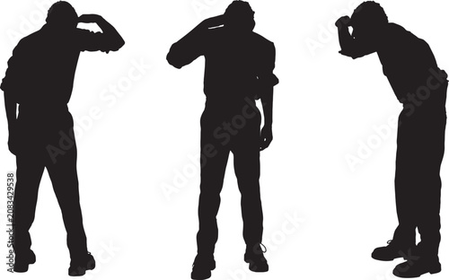 vector, silhouette of back,front and side view of a man standing looking away with his hand on his forehead