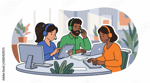 Diverse customer service team working together on computers in an office