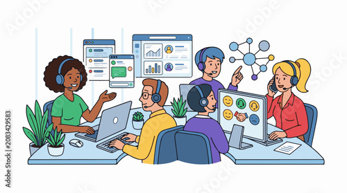 Diverse customer service team working at computers with headphones