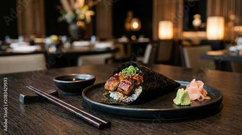 Delicate grilled eel temaki hand roll on dark plate in high-end restaurant